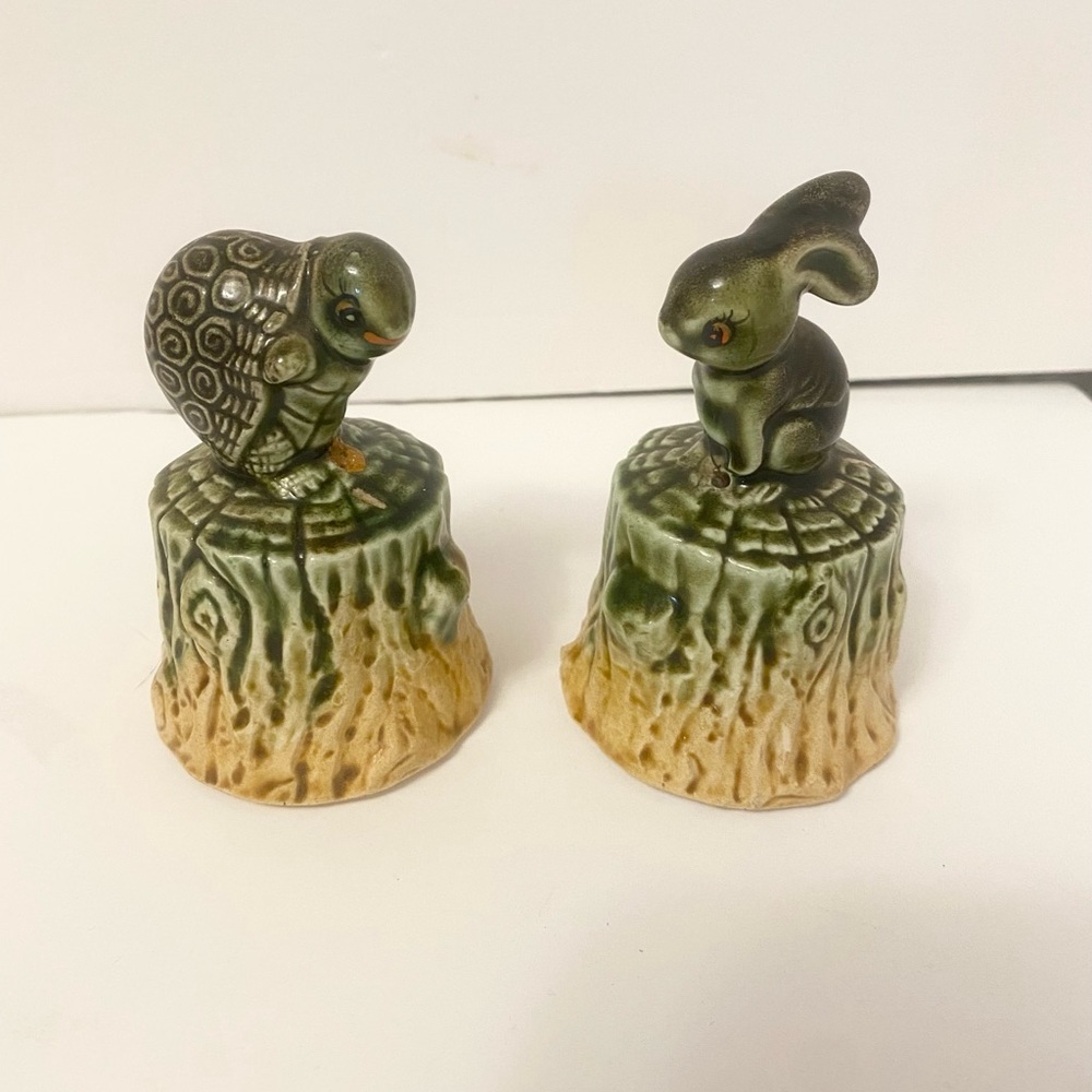 •Vintage• Pair of Turtle and Rabbit On Tree Stump Bells